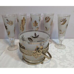 Libbey Pilsner Glasses & Ice Bucket - Frosted With Golden Leaves - Set of 5